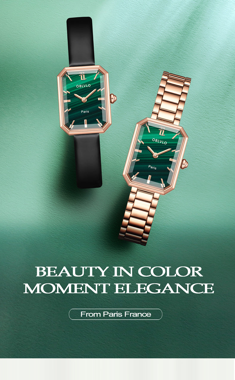 OBLVLO Luxury Green Quartz Watch for Women Malachite Stainless Steel Strap Sapphire Waterproof Exquisite Rectangle Clock 27mm LW