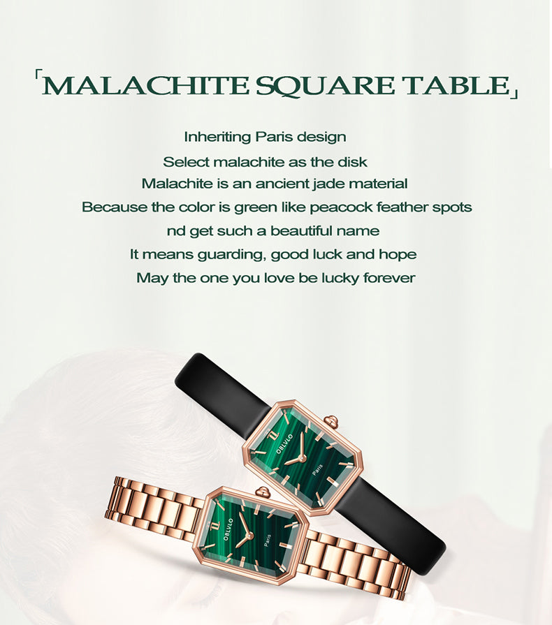 OBLVLO Luxury Green Quartz Watch for Women Malachite Stainless Steel Strap Sapphire Waterproof Exquisite Rectangle Clock 27mm LW