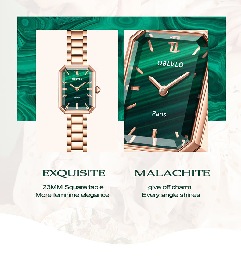 OBLVLO Luxury Green Quartz Watch for Women Malachite Stainless Steel Strap Sapphire Waterproof Exquisite Rectangle Clock 27mm LW