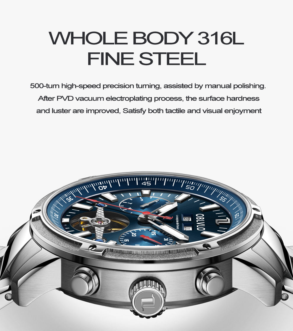 OBLVLO Men Automatic Watches Mechanical Tourbillon Luminous Stainless Steel Strap Sapphire Waterproof Calendar Week Clock CM-T