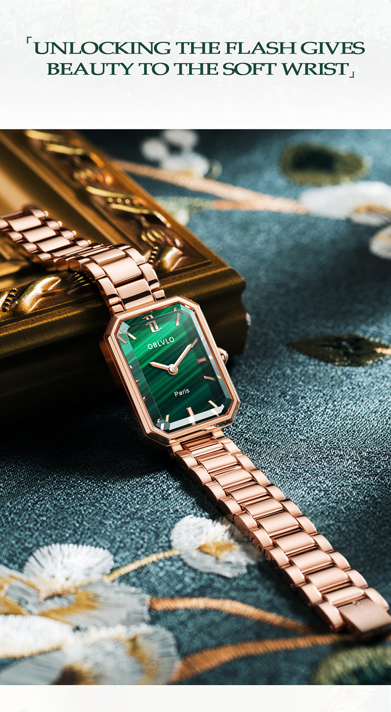 OBLVLO Luxury Green Quartz Watch for Women Malachite Stainless Steel Strap Sapphire Waterproof Exquisite Rectangle Clock 27mm LW