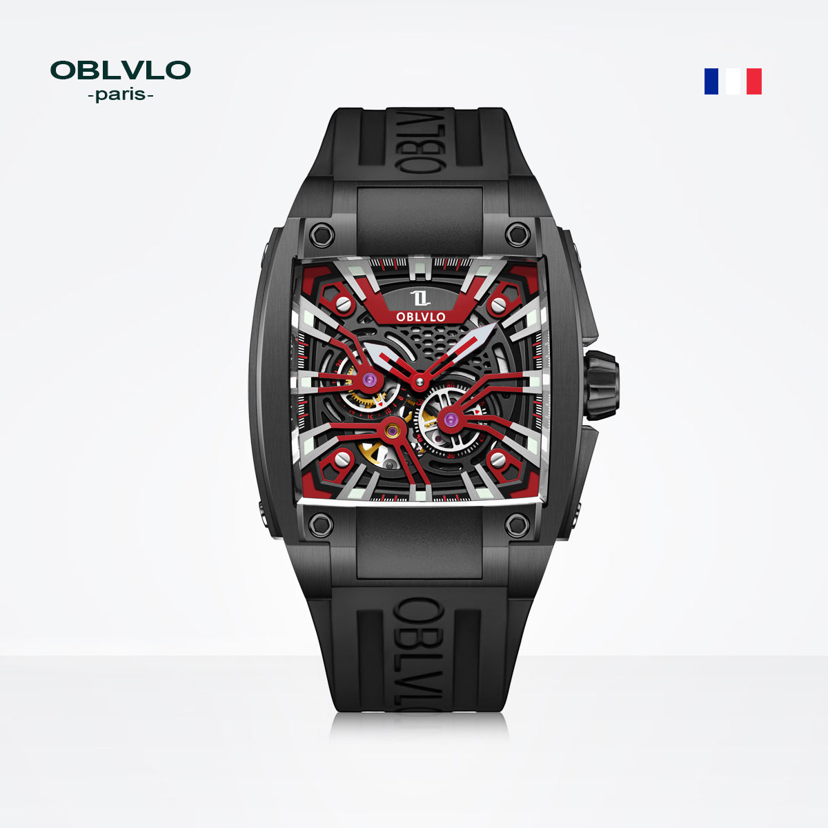 OBLVLO Personalized Men Automatic Mechanical Watch Luminous Skeleton Stainless Steel Case Rubber Strap Sapphire Big Rectangle GM