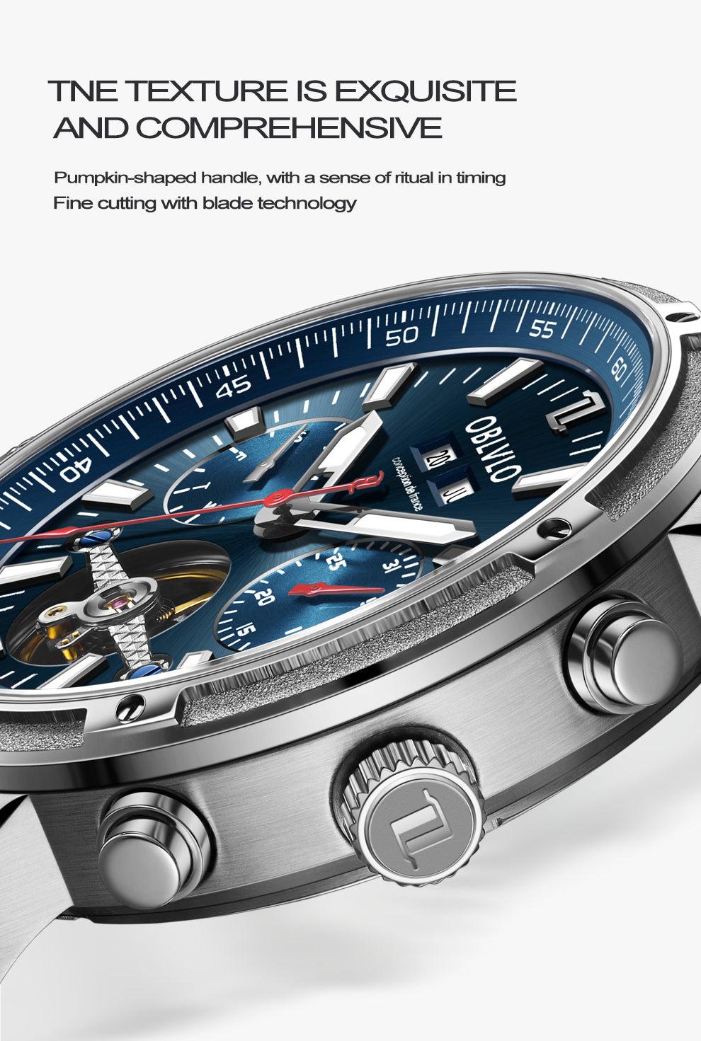 OBLVLO Men Automatic Watches Mechanical Tourbillon Luminous Stainless Steel Strap Sapphire Waterproof Calendar Week Clock CM-T