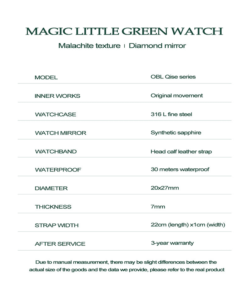 OBLVLO Luxury Green Quartz Watch for Women Malachite Stainless Steel Strap Sapphire Waterproof Exquisite Rectangle Clock 27mm LW