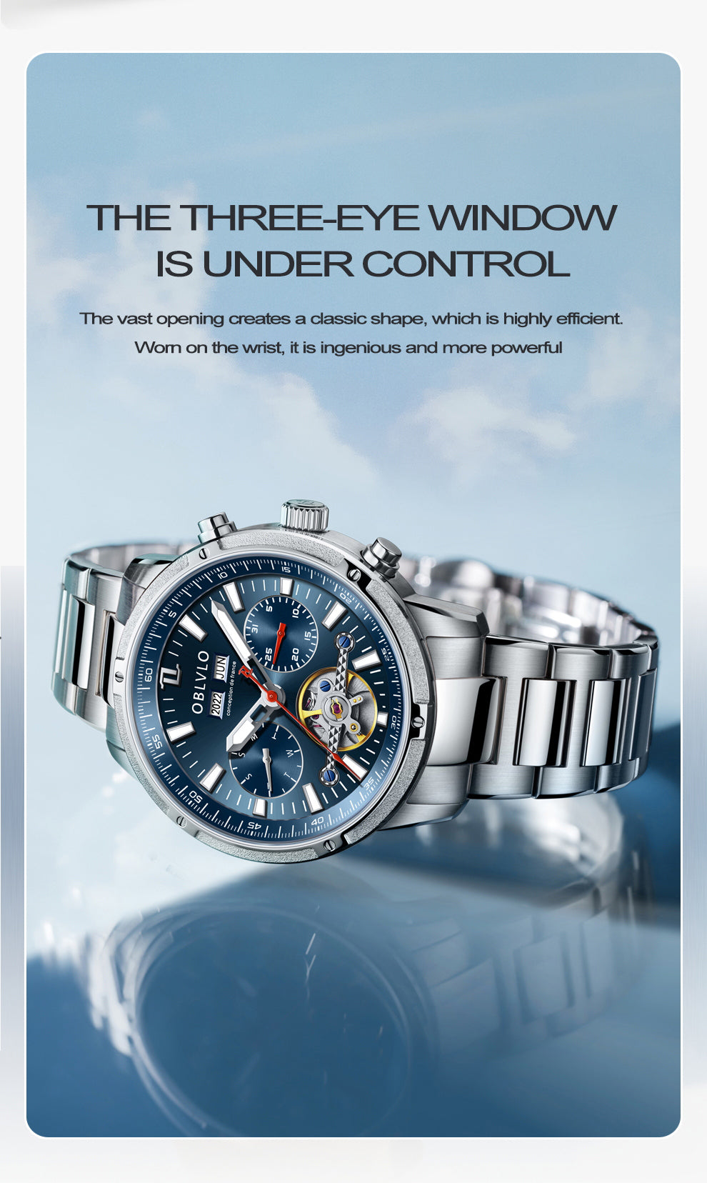 OBLVLO Men Automatic Watches Mechanical Tourbillon Luminous Stainless Steel Strap Sapphire Waterproof Calendar Week Clock CM-T