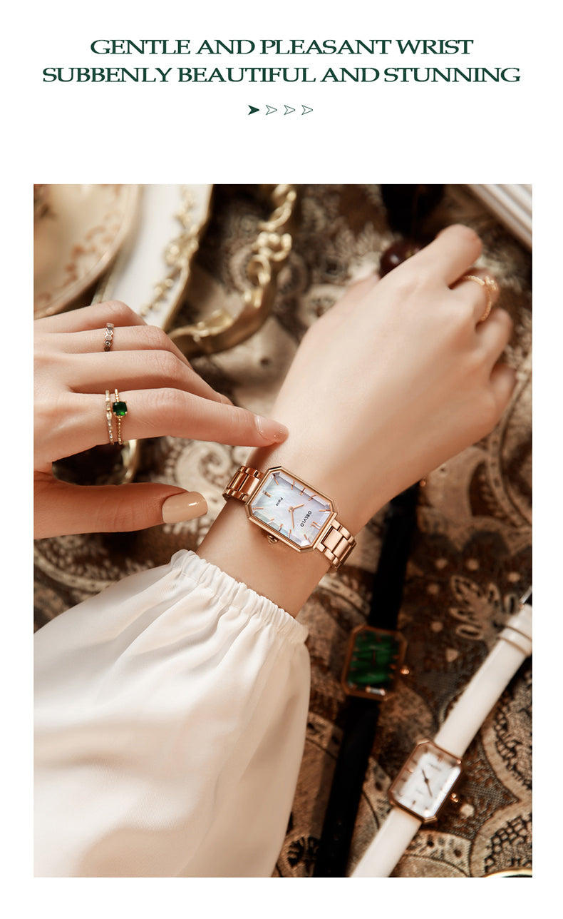 OBLVLO Luxury Green Quartz Watch for Women Malachite Stainless Steel Strap Sapphire Waterproof Exquisite Rectangle Clock 27mm LW