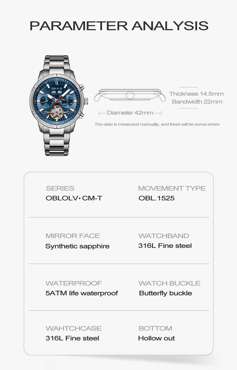 OBLVLO Men Automatic Watches Mechanical Tourbillon Luminous Stainless Steel Strap Sapphire Waterproof Calendar Week Clock CM-T