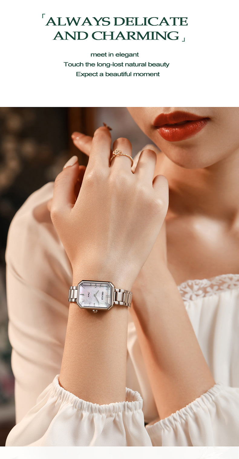 OBLVLO Luxury Green Quartz Watch for Women Malachite Stainless Steel Strap Sapphire Waterproof Exquisite Rectangle Clock 27mm LW