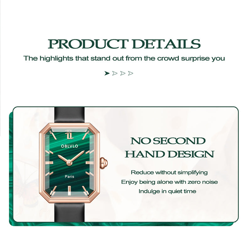 OBLVLO Luxury Green Quartz Watch for Women Malachite Stainless Steel Strap Sapphire Waterproof Exquisite Rectangle Clock 27mm LW