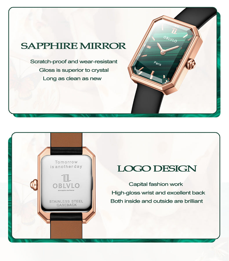 OBLVLO Luxury Green Quartz Watch for Women Malachite Stainless Steel Strap Sapphire Waterproof Exquisite Rectangle Clock 27mm LW