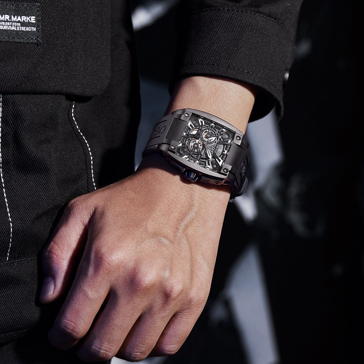 OBLVLO Personalized Men Automatic Mechanical Watch Luminous Skeleton Stainless Steel Case Rubber Strap Sapphire Big Rectangle GM