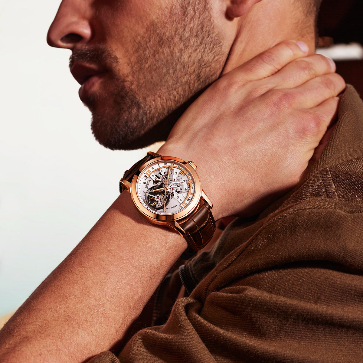 OBLVLO Retro Men Skeleton Automatic Watch Mechanical Casual Calfskin Strap Sapphire Waterproof 42mm VM-S