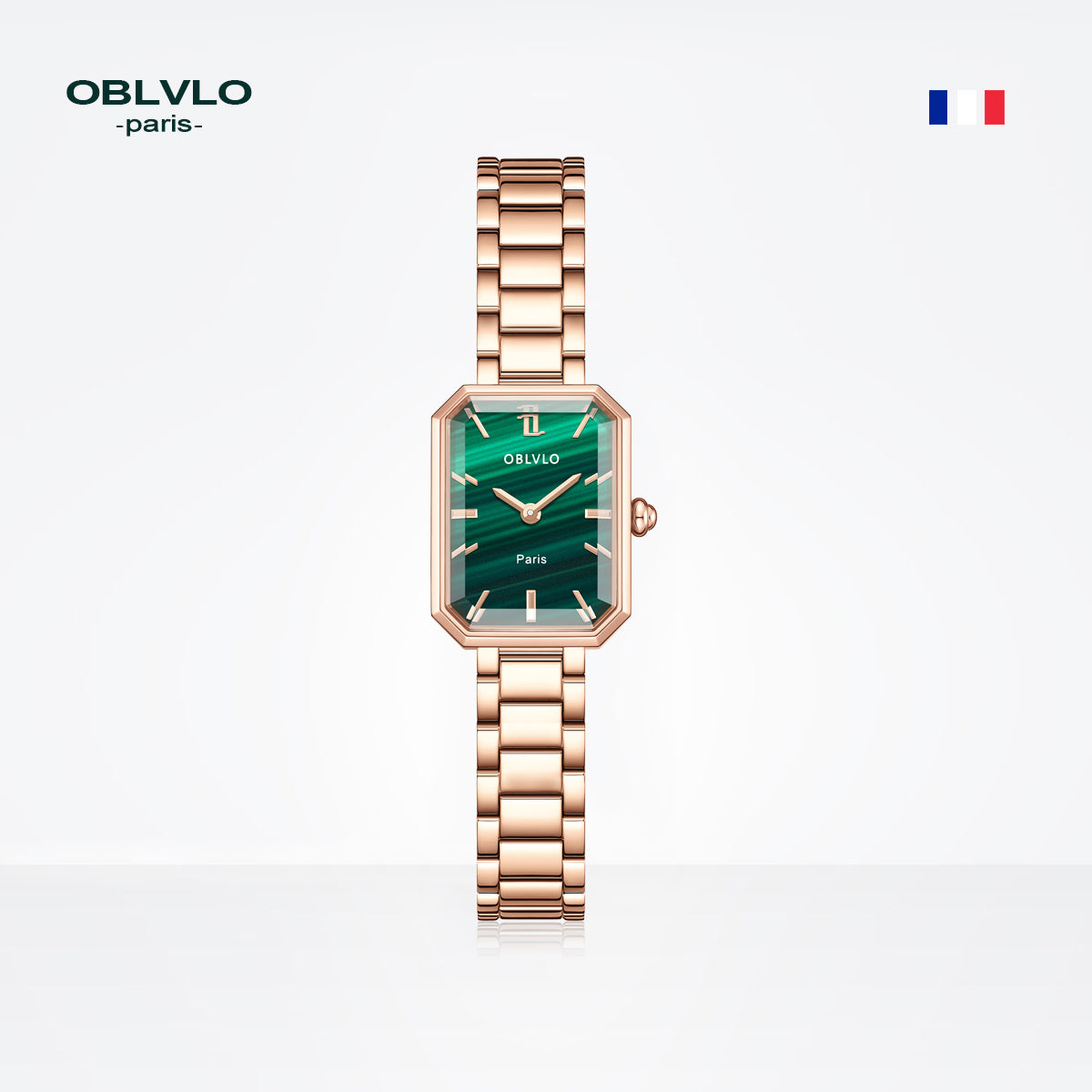 OBLVLO Luxury Green Quartz Watch for Women Malachite Stainless Steel Strap Sapphire Waterproof Exquisite Rectangle Clock 27mm LW