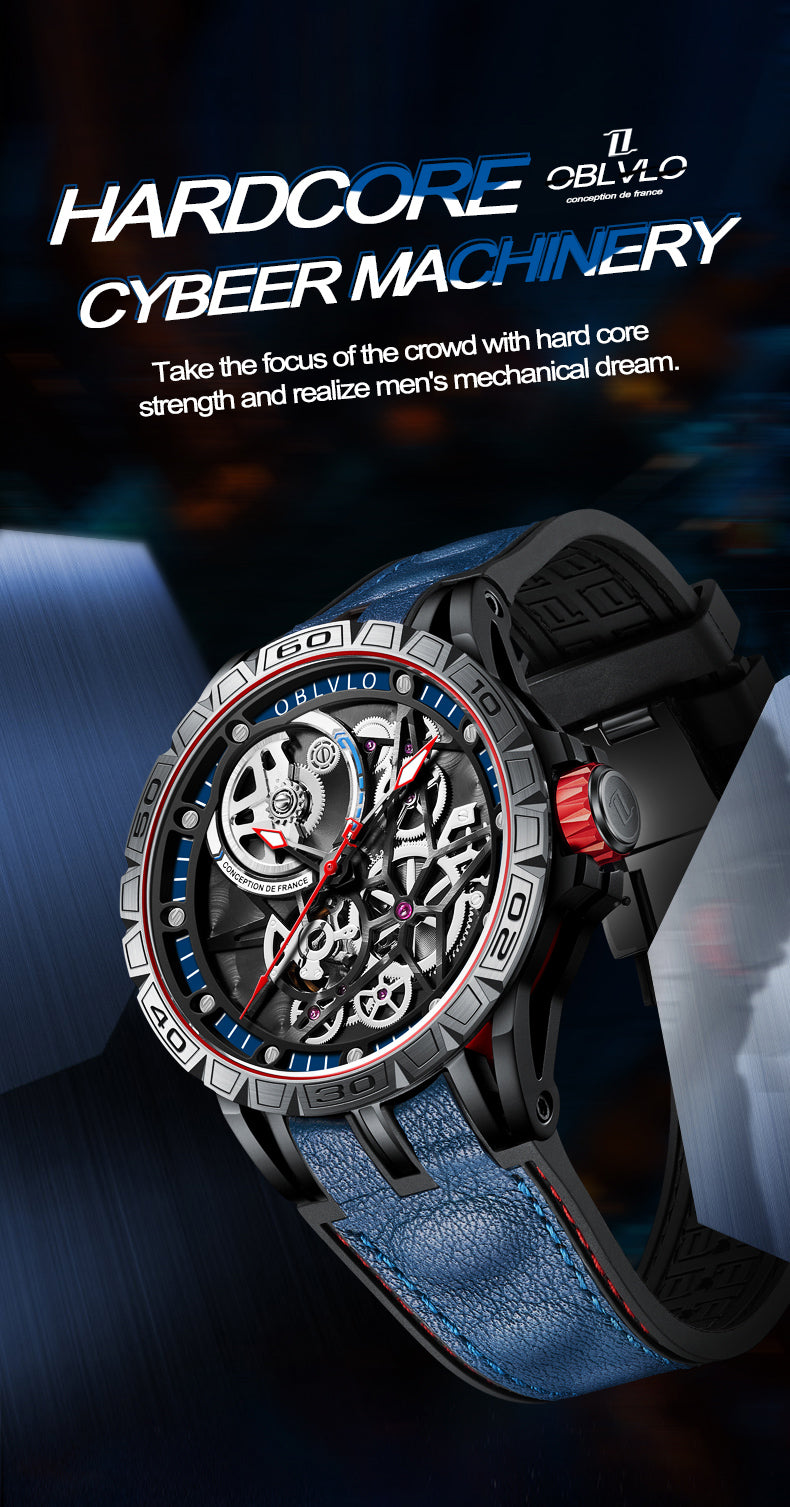 OBLVLO Designer Skeleton Sport Automatic Mechanical Watch For Men Rubber Strap Sapphire Shockproof Waterproof Diameter 47mm LM