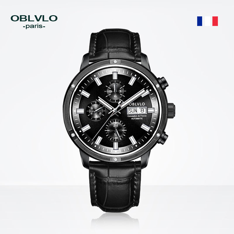 OBLVLO Brand Men Automatic Mechanical Watch Leather Strap Sapphire Waterproof Auto Date 24Hour Dress Style Diameter 42mm CM