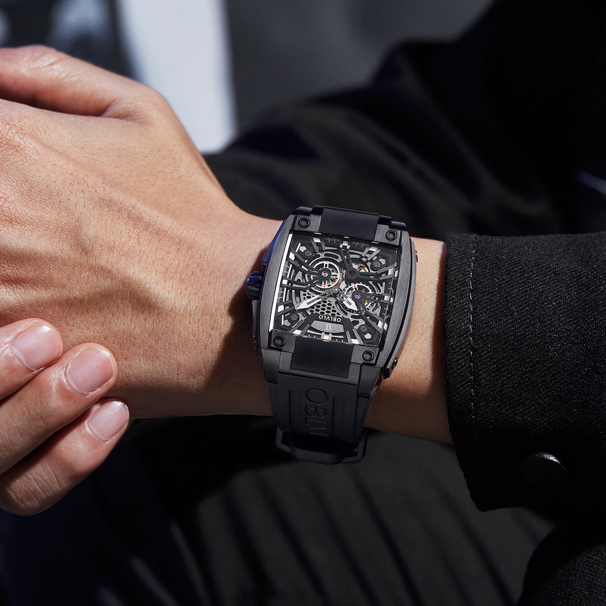 OBLVLO Personalized Men Automatic Mechanical Watch Luminous Skeleton Stainless Steel Case Rubber Strap Sapphire Big Rectangle GM