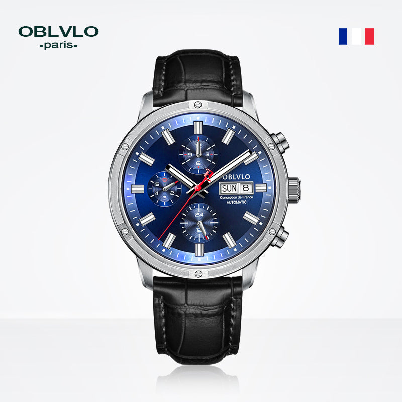 OBLVLO Brand Men Automatic Mechanical Watch Leather Strap Sapphire Waterproof Auto Date 24Hour Dress Style Diameter 42mm CM