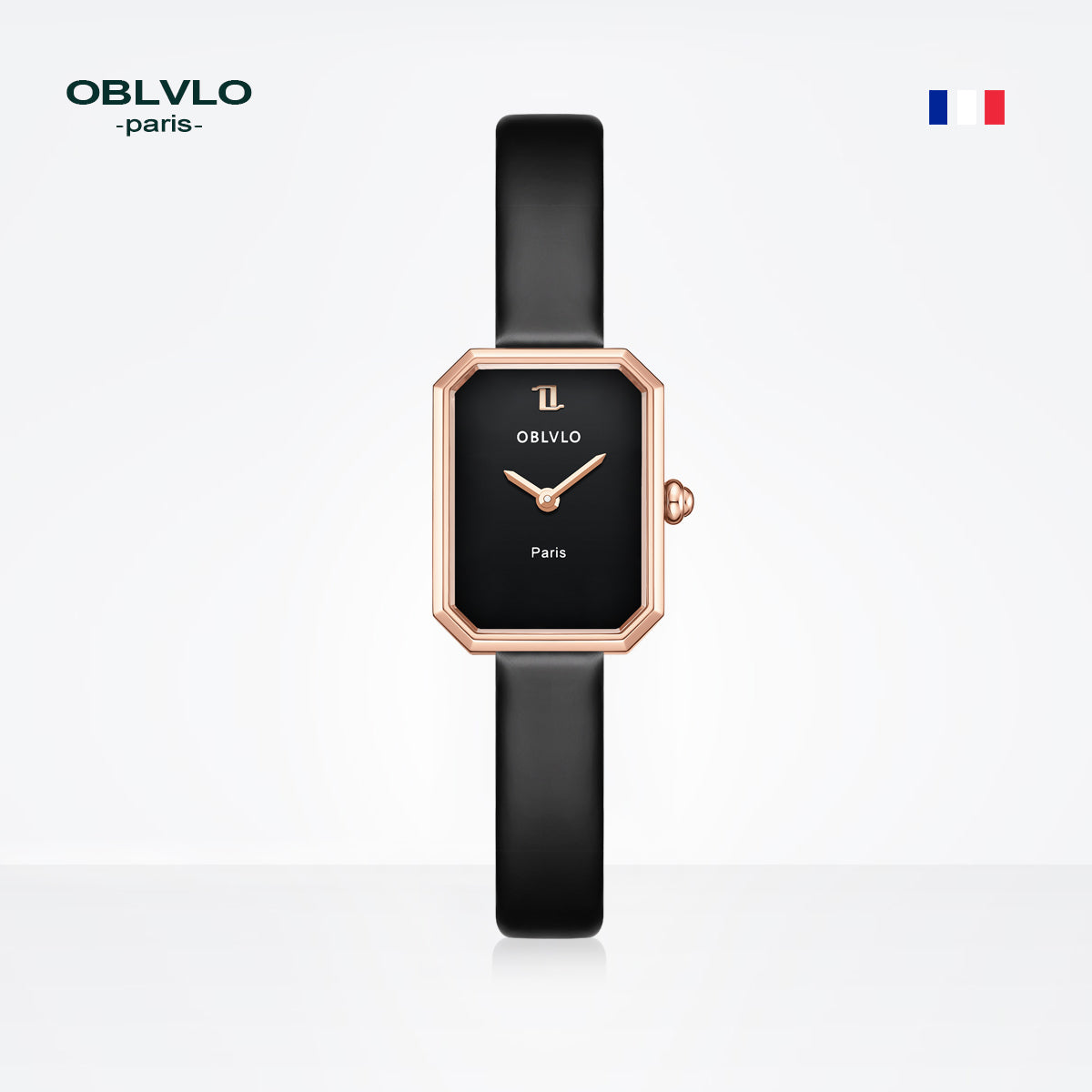 OBLVLO Women Quartz Watch Rose Gold Case Gift Leather Strap Malachite Dial Diamond Surface Sapphire Small Square Clock 23mm LW2