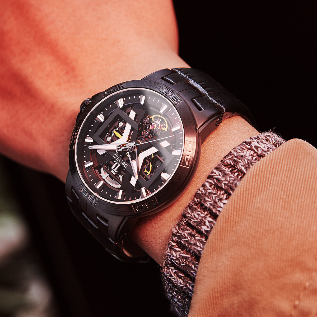 OBLVLO Sport Skeleton Luminous Military Automatic Mechanical Watch for Men Steel Case Leather Strap Sapphire Waterproof UM