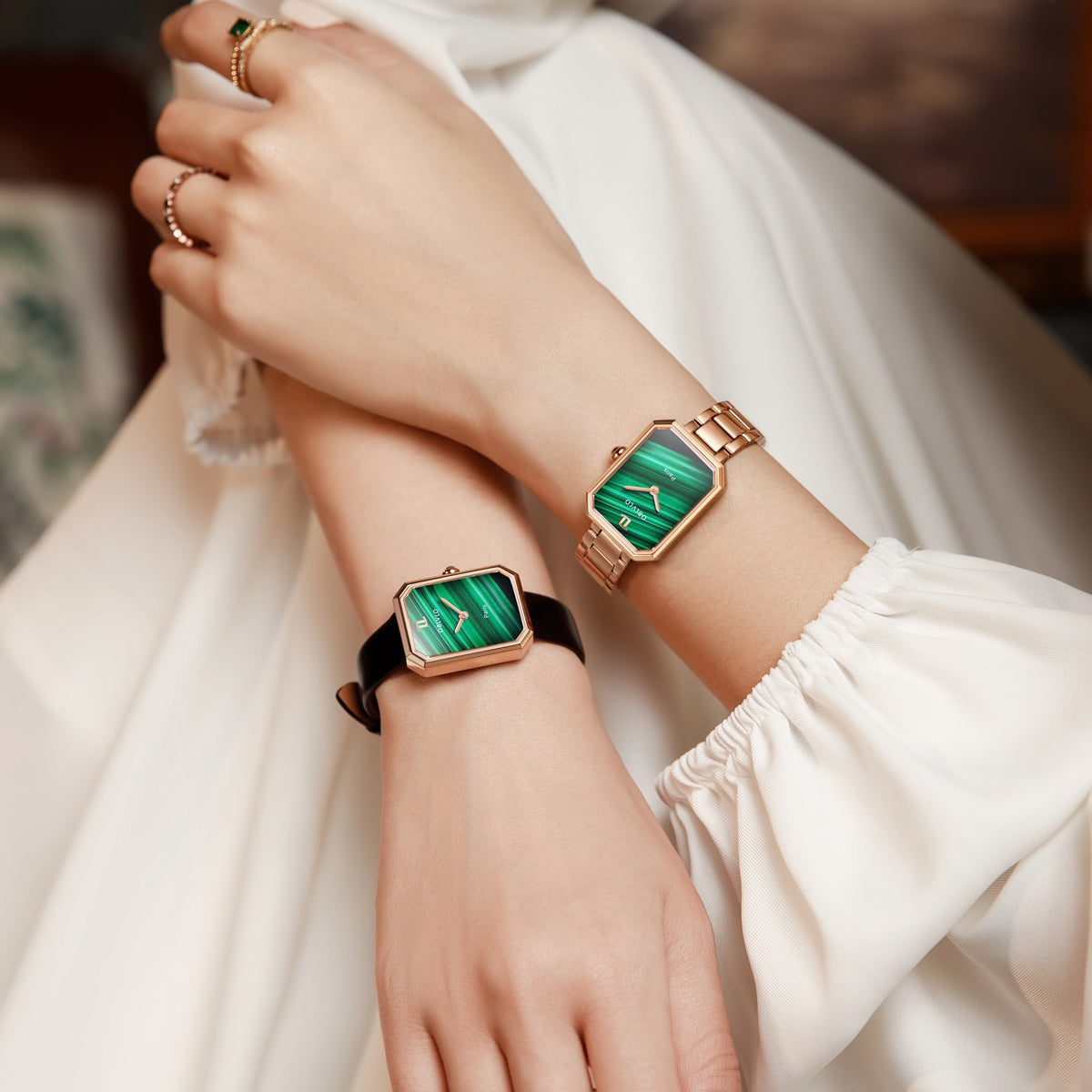 OBLVLO Women Quartz Watch Rose Gold Case Gift Leather Strap Malachite Dial Diamond Surface Sapphire Small Square Clock 23mm LW2