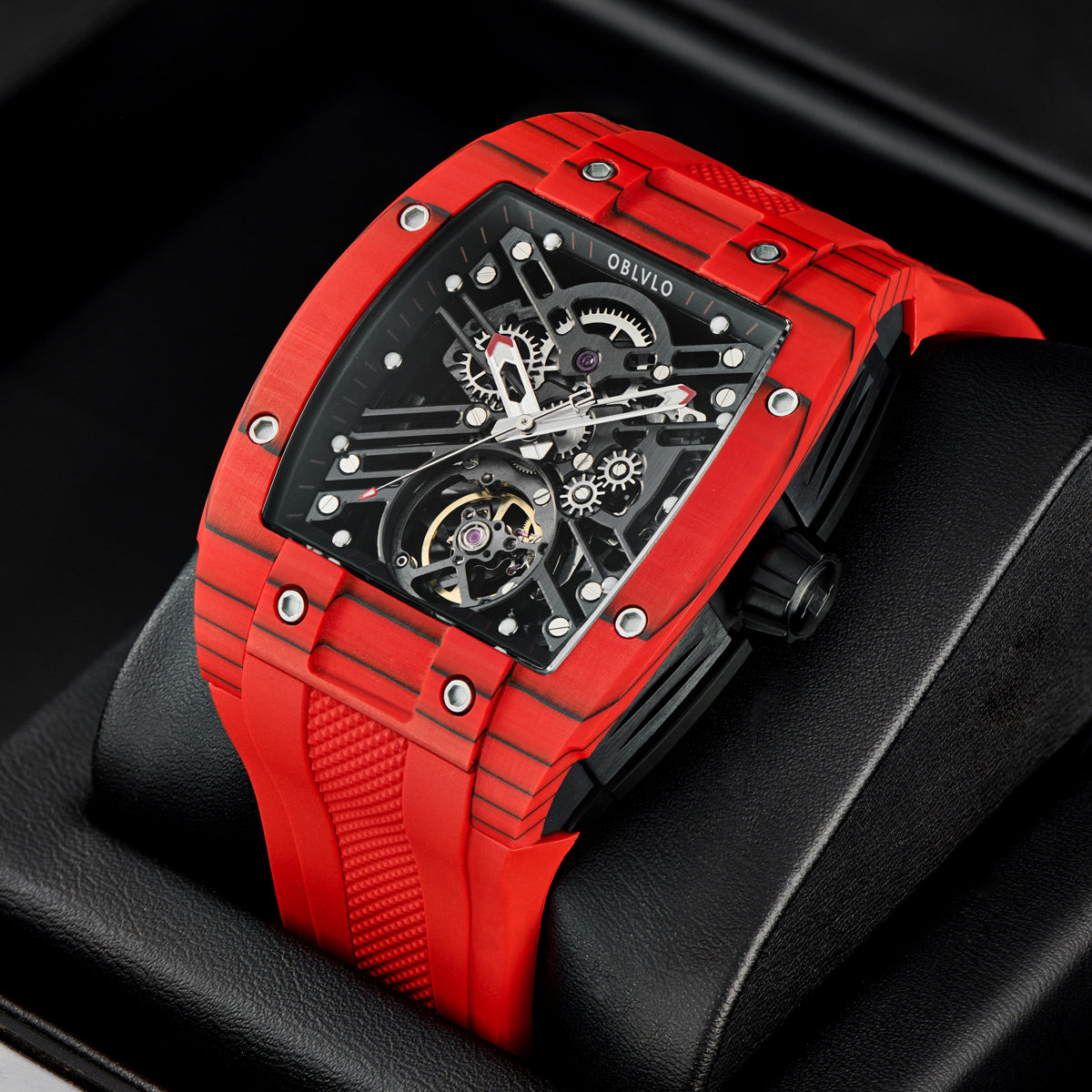 OBLVLO Original Brand Men Automatic Mechanical Watch Sport Skeleton Luminous Wine Barrel Carbon Fiber Case Rubber Strap EM-ST