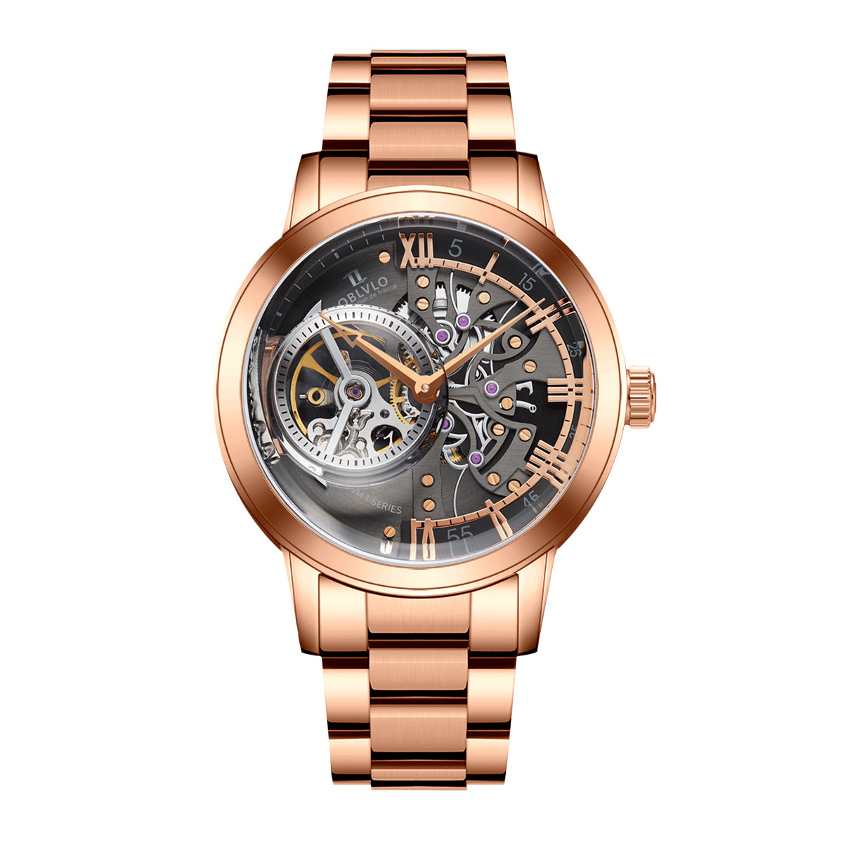 OBLVLO Luxury Retro Men Skeleton Automatic Watch Mechanical Stainless Steel Strap Mineral Crystal Glass Waterproof Clock VM