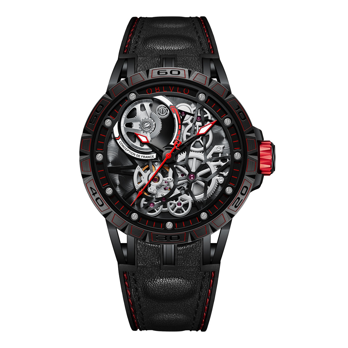 OBLVLO Designer Skeleton Sport Automatic Mechanical Watch For Men Rubber Strap Sapphire Shockproof Waterproof Diameter 47mm LM