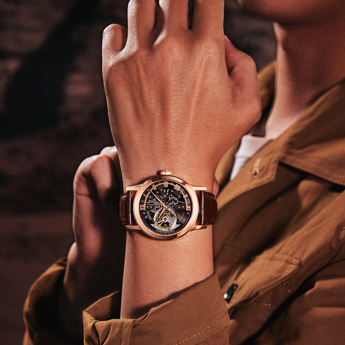 OBLVLO Retro Men Skeleton Automatic Watch Mechanical Casual Calfskin Strap Sapphire Waterproof 42mm VM-S