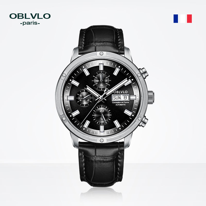 OBLVLO Brand Men Automatic Mechanical Watch Leather Strap Sapphire Waterproof Auto Date 24Hour Dress Style Diameter 42mm CM