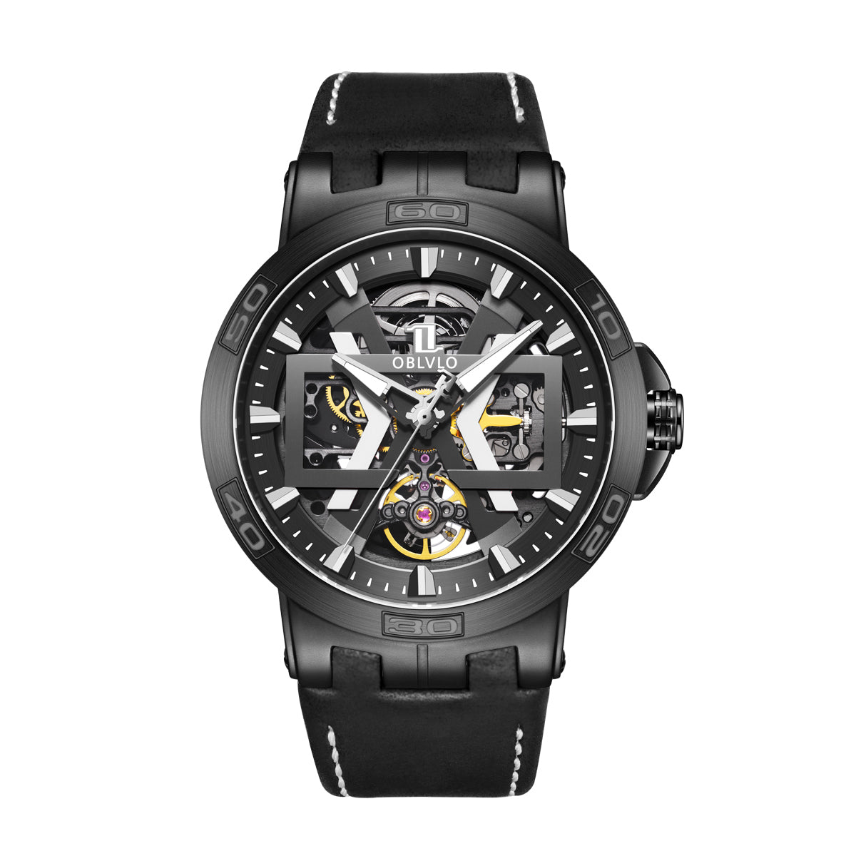 OBLVLO Sport Skeleton Luminous Military Automatic Mechanical Watch for Men Steel Case Leather Strap Sapphire Waterproof UM