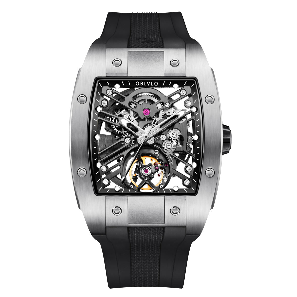 OBLVLO Original Brand Men Automatic Mechanical Watch Sport Skeleton Luminous Wine Barrel Carbon Fiber Case Rubber Strap EM-ST