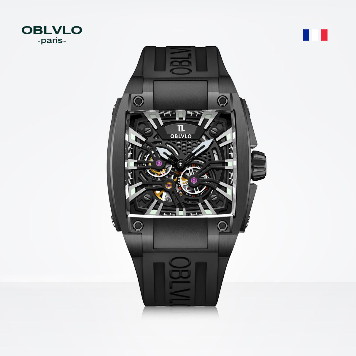 OBLVLO Personalized Men Automatic Mechanical Watch Luminous Skeleton Stainless Steel Case Rubber Strap Sapphire Big Rectangle GM
