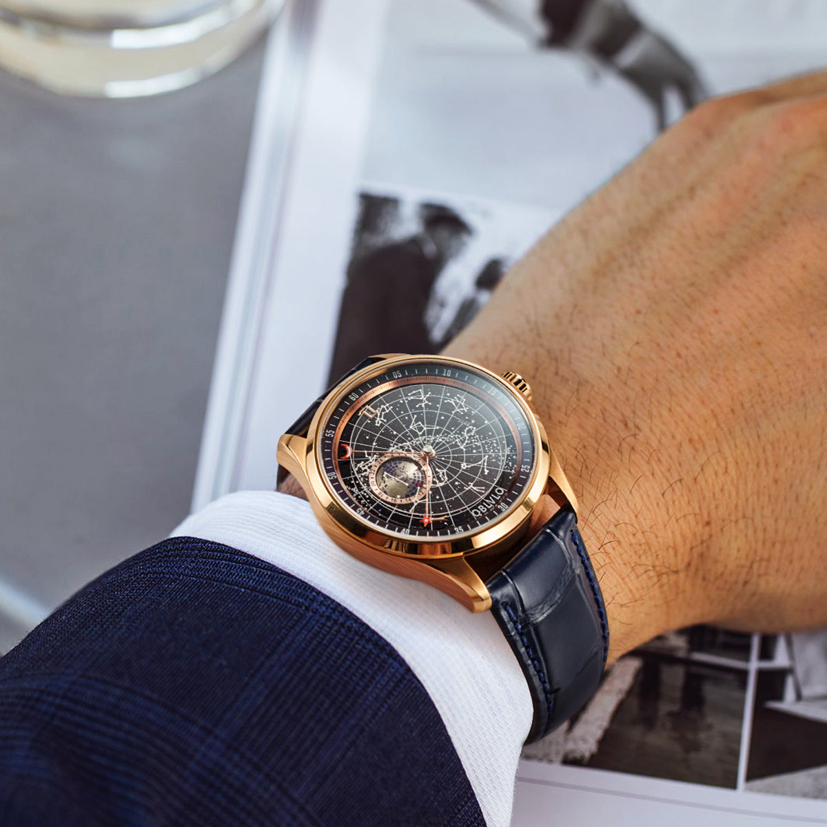 OBLVLO 12 Constellation Fashion Automatic Mechanical Watch for Men Luminous Earth Star Leather Strap Waterproof Gift Clock GC