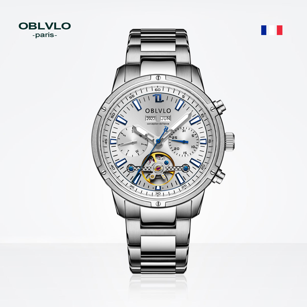 OBLVLO Men Automatic Watches Mechanical Tourbillon Luminous Stainless Steel Strap Sapphire Waterproof Calendar Week Clock CM-T