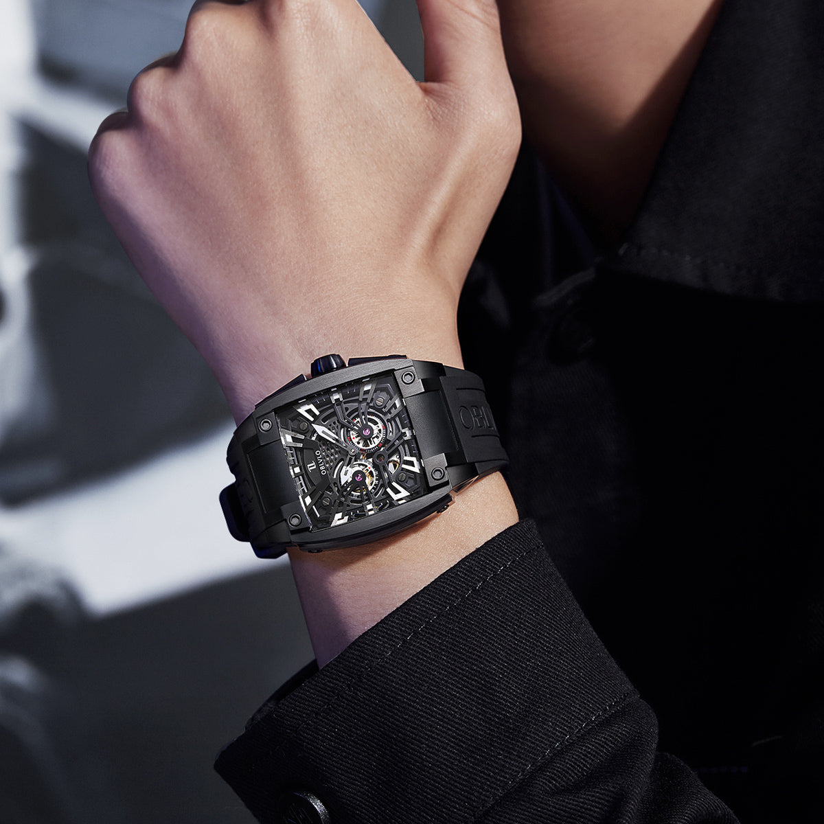 OBLVLO Personalized Men Automatic Mechanical Watch Luminous Skeleton Stainless Steel Case Rubber Strap Sapphire Big Rectangle GM