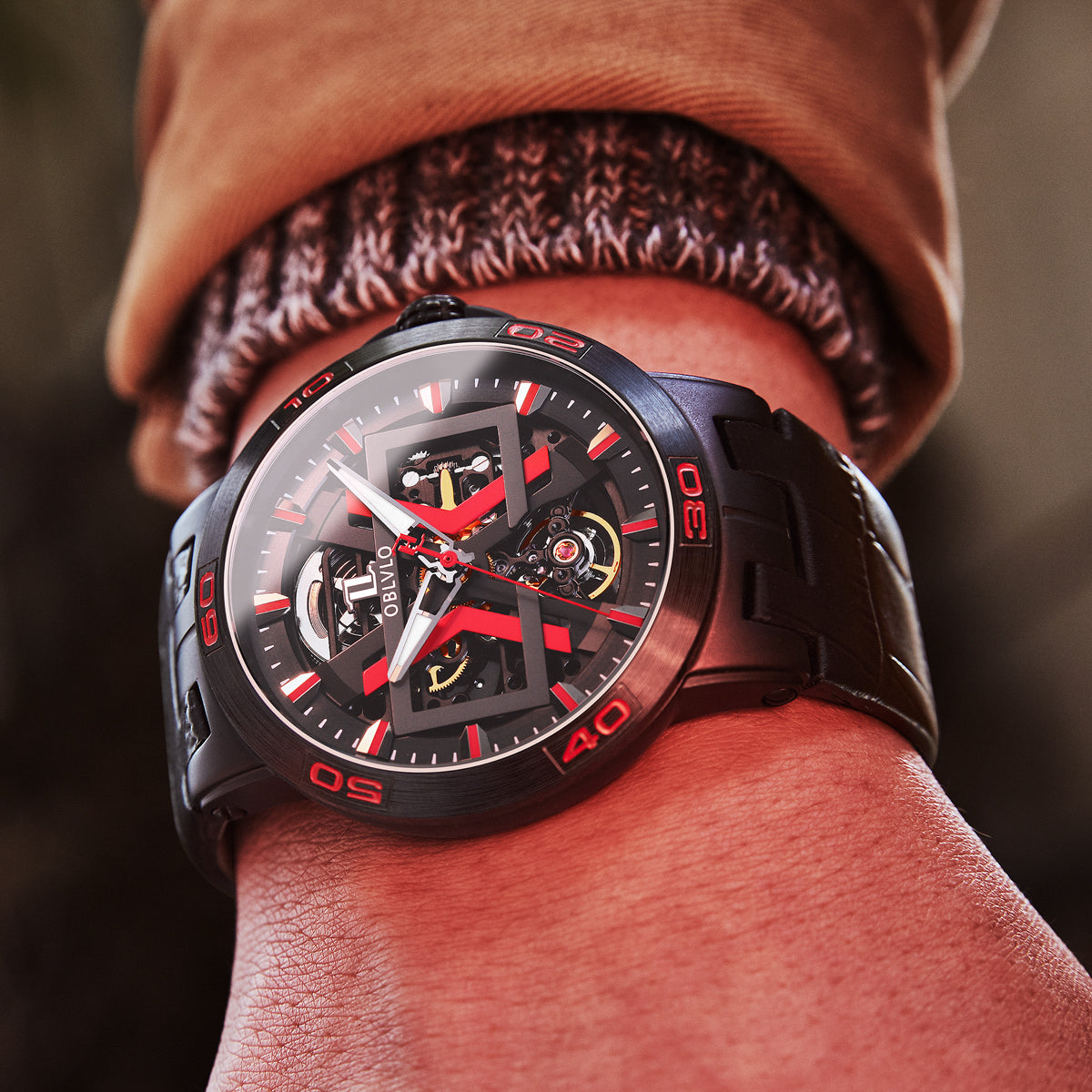 OBLVLO Sport Skeleton Luminous Military Automatic Mechanical Watch for Men Steel Case Leather Strap Sapphire Waterproof UM