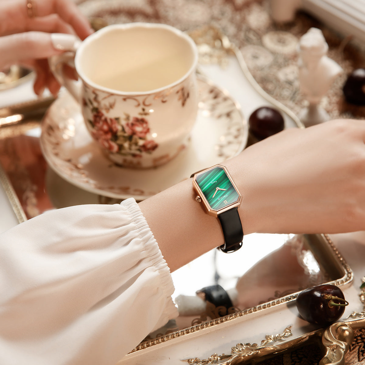 OBLVLO Women Quartz Watch Rose Gold Case Gift Leather Strap Malachite Dial Diamond Surface Sapphire Small Square Clock 23mm LW2