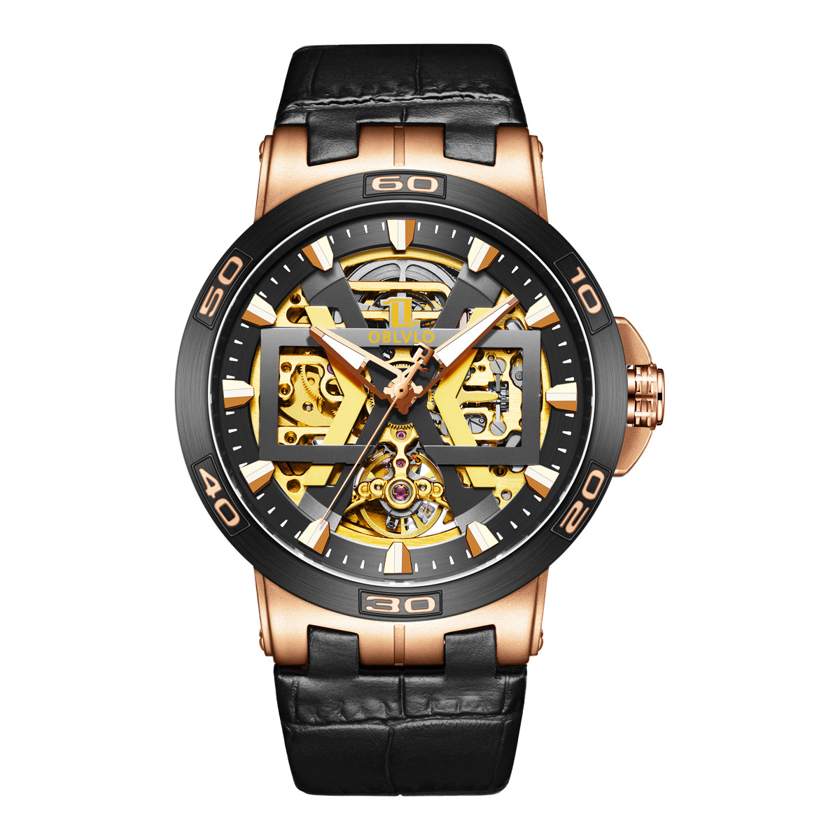 OBLVLO Sport Skeleton Luminous Military Automatic Mechanical Watch for Men Steel Case Leather Strap Sapphire Waterproof UM