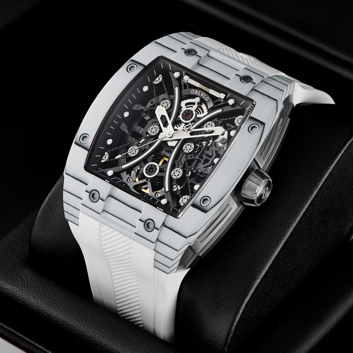 OBLVLO French Brand Men Automatic Mechanical Watch Fashion Skeleton Luminous Wine Barrel Carbon Fiber Case Rubber Strap EM-S