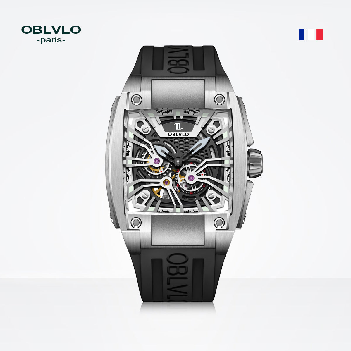 OBLVLO Personalized Men Automatic Mechanical Watch Luminous Skeleton Stainless Steel Case Rubber Strap Sapphire Big Rectangle GM