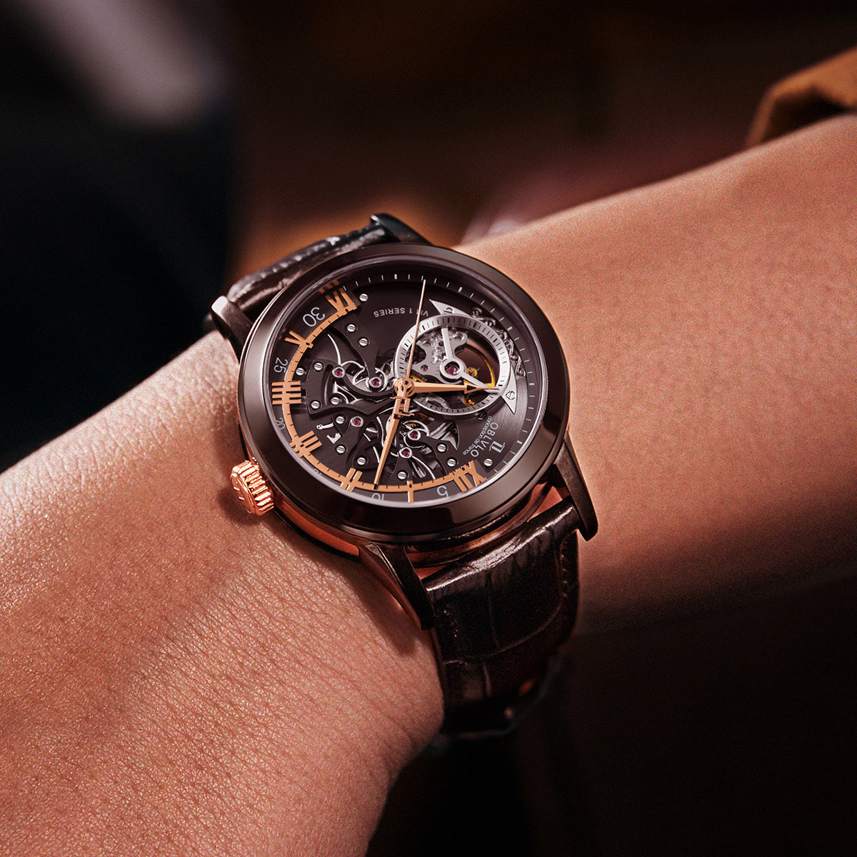 OBLVLO Retro Men Skeleton Automatic Watch Mechanical Casual Calfskin Strap Sapphire Waterproof 42mm VM-S