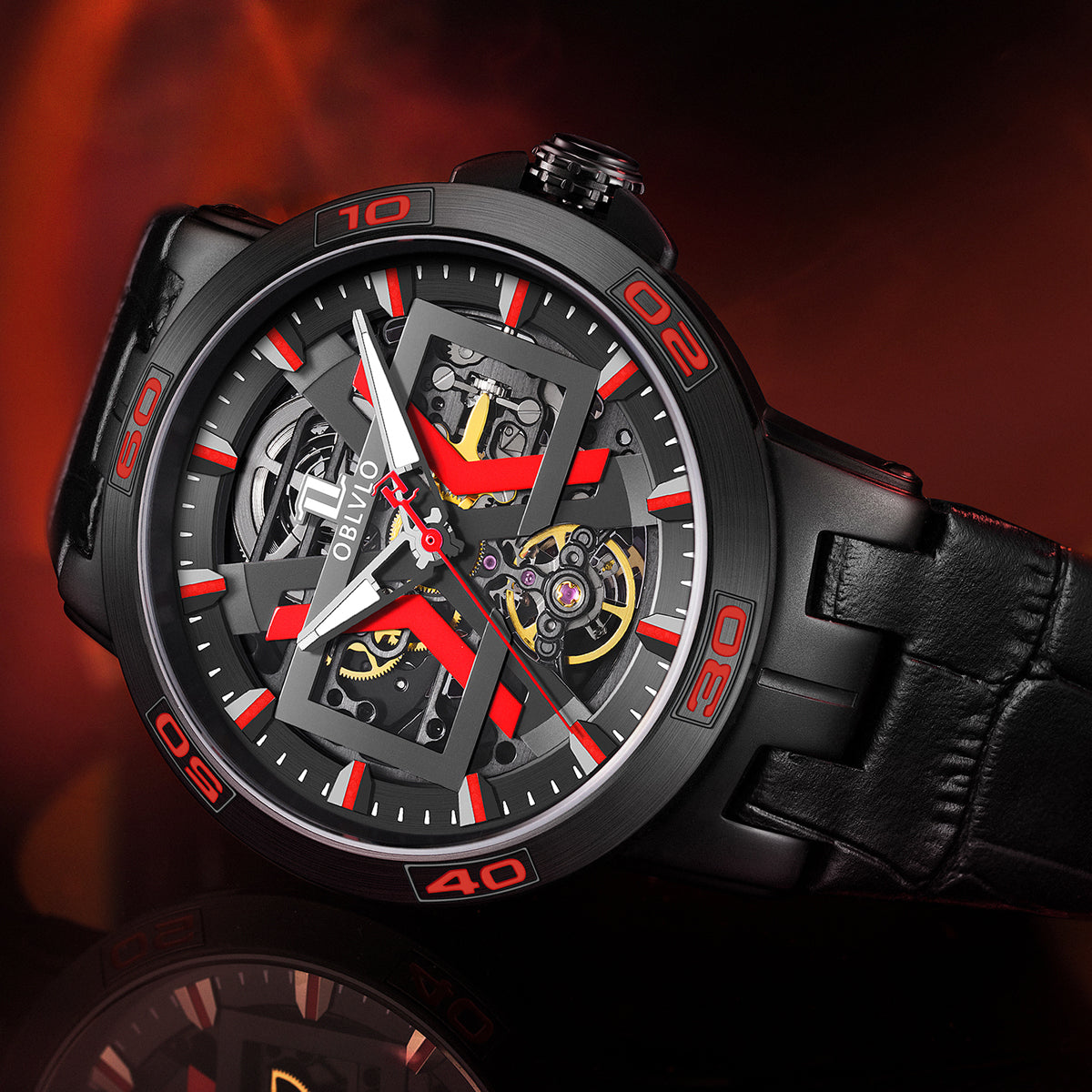 OBLVLO Sport Skeleton Luminous Military Automatic Mechanical Watch for Men Steel Case Leather Strap Sapphire Waterproof UM