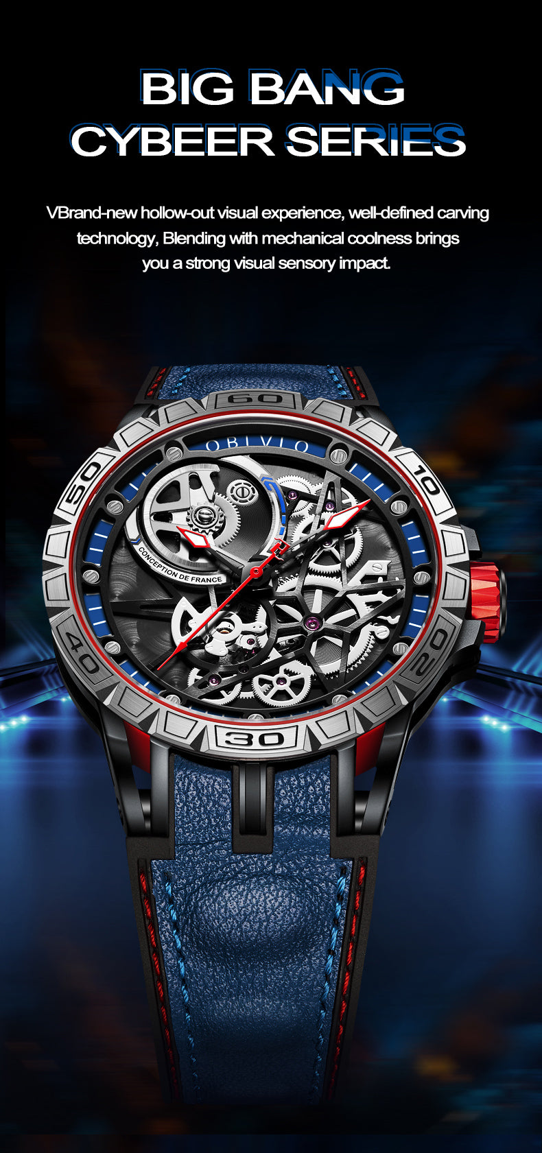 OBLVLO Designer Skeleton Sport Automatic Mechanical Watch For Men Rubber Strap Sapphire Shockproof Waterproof Diameter 47mm LM