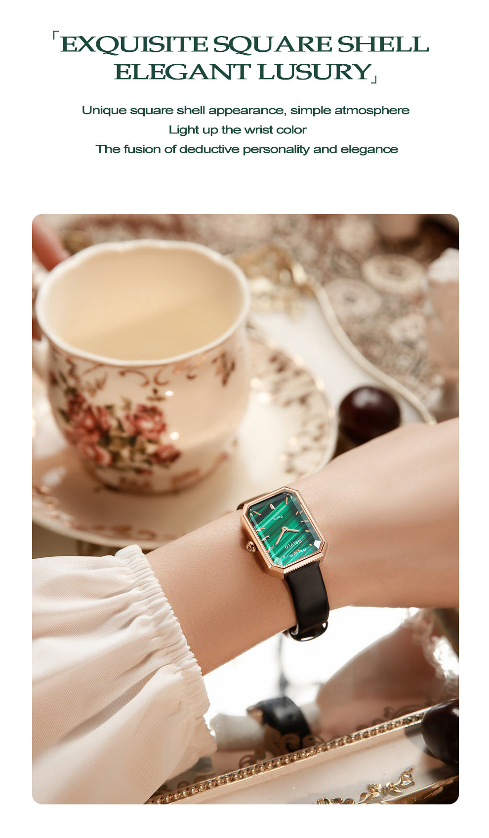 OBLVLO Luxury Green Quartz Watch for Women Malachite Leather Strap Sapphire Waterproof Exquisite Romantic Rectangle Clock LW