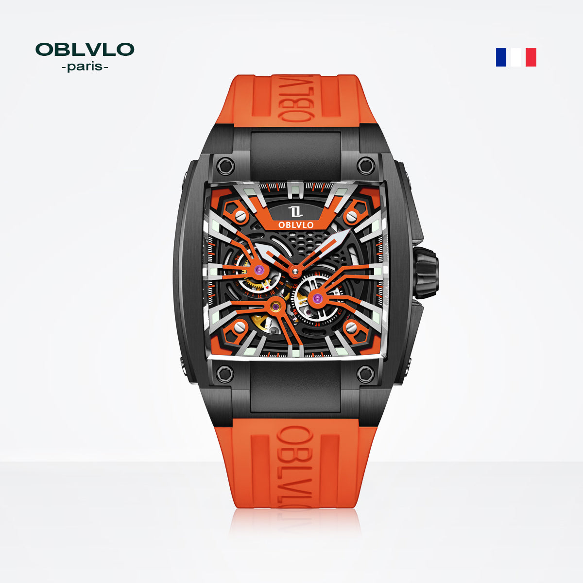 OBLVLO Personalized Men Automatic Mechanical Watch Luminous Skeleton Stainless Steel Case Rubber Strap Sapphire Big Rectangle GM