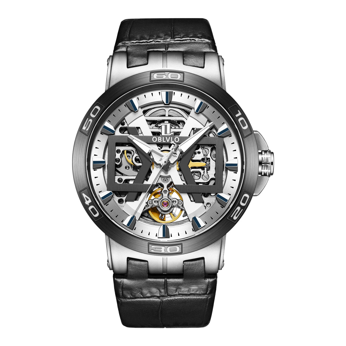 OBLVLO Sport Skeleton Luminous Military Automatic Mechanical Watch for Men Steel Case Leather Strap Sapphire Waterproof UM