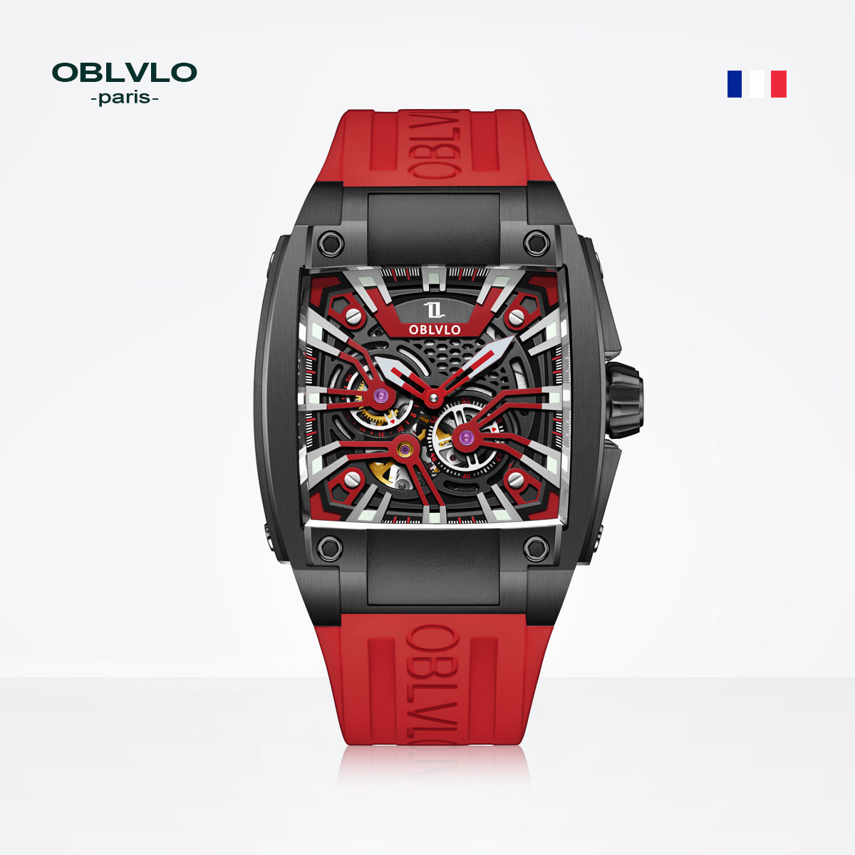 OBLVLO Personalized Men Automatic Mechanical Watch Luminous Skeleton Stainless Steel Case Rubber Strap Sapphire Big Rectangle GM