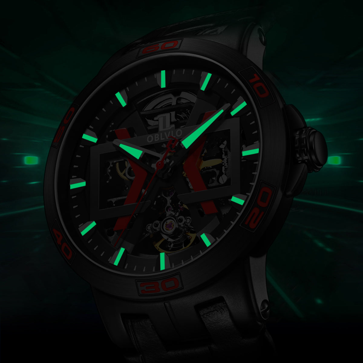 OBLVLO Sport Skeleton Luminous Military Automatic Mechanical Watch for Men Steel Case Leather Strap Sapphire Waterproof UM