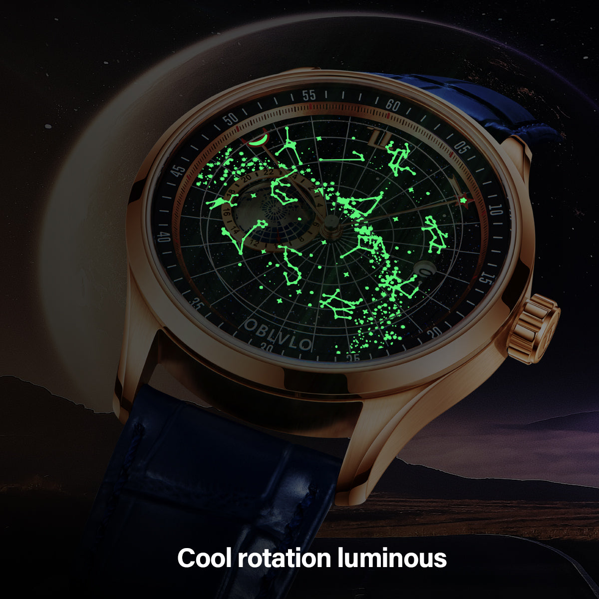 OBLVLO 12 Constellation Fashion Automatic Mechanical Watch for Men Luminous Earth Star Leather Strap Waterproof Gift Clock GC