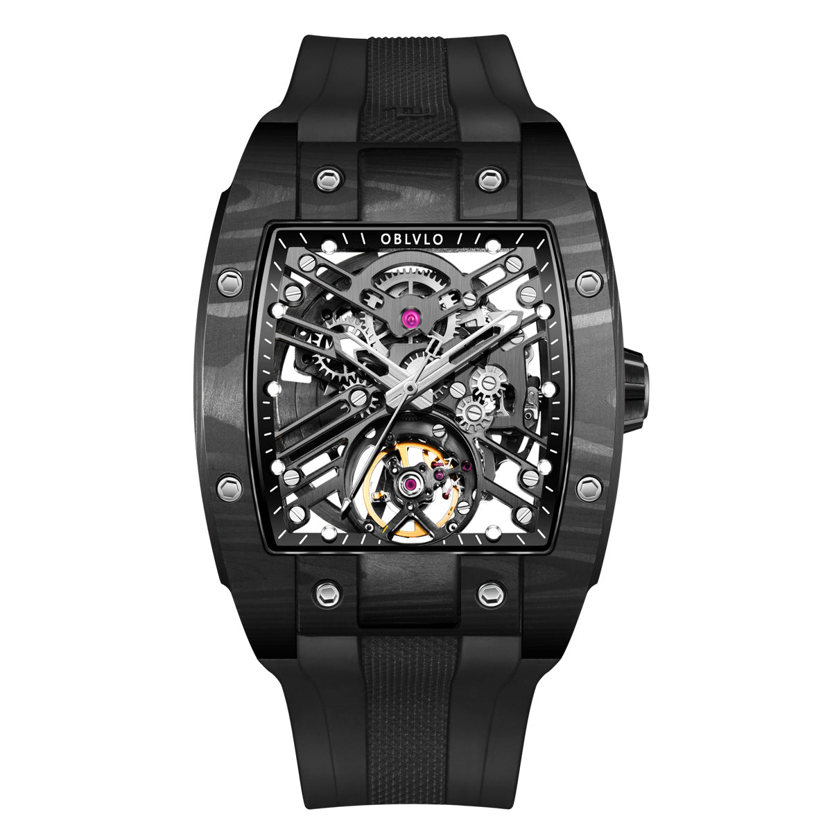 OBLVLO Original Brand Men Automatic Mechanical Watch Sport Skeleton Luminous Wine Barrel Carbon Fiber Case Rubber Strap EM-ST